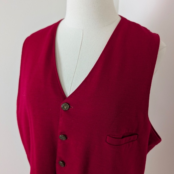 70s Red Button Down Waistcoat Vest Relaxed Fit Sleeveless V-Neck - Picture 10 of 10